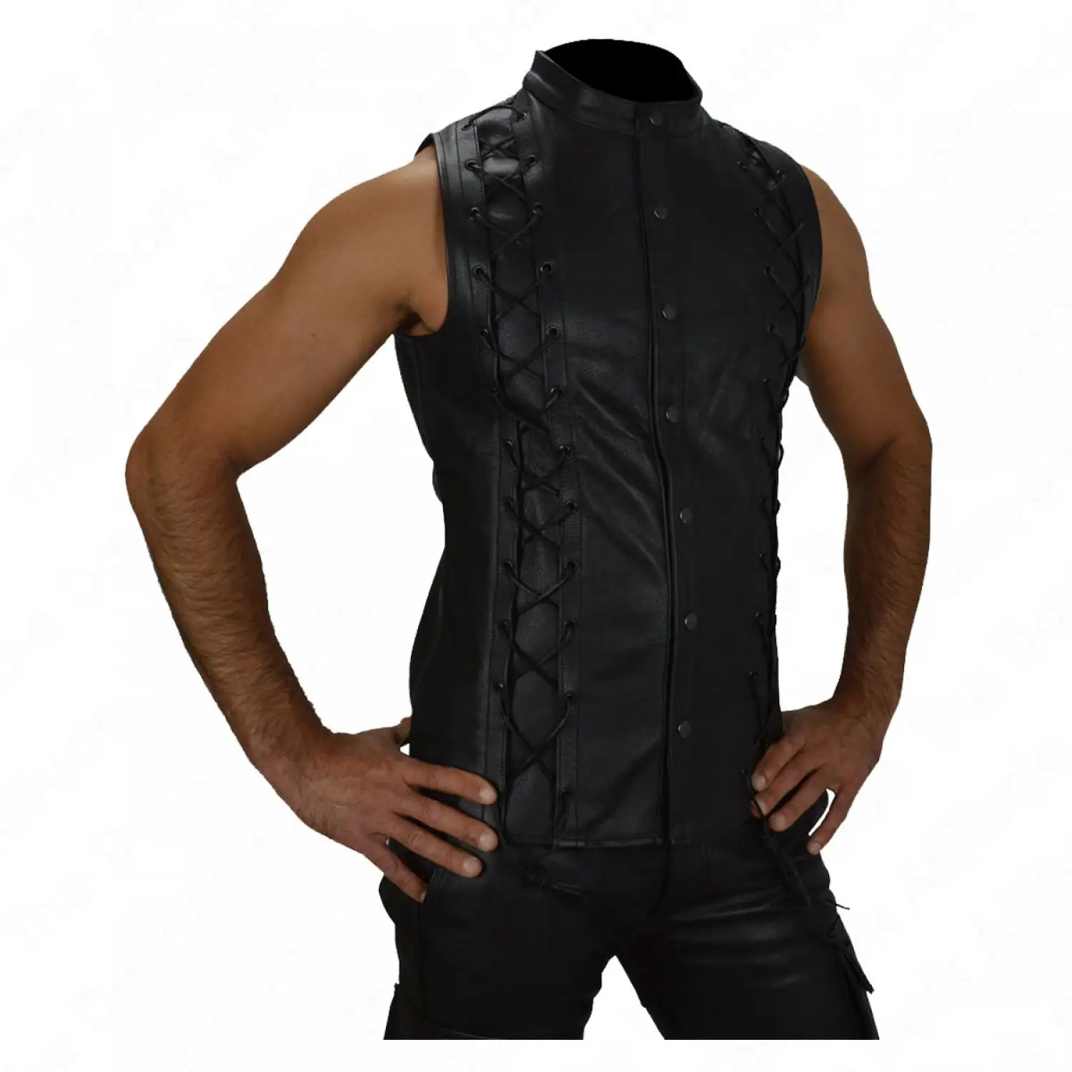 Long Leather Lace Up Vest Lace Up Leather Bar Vest For Men Cow